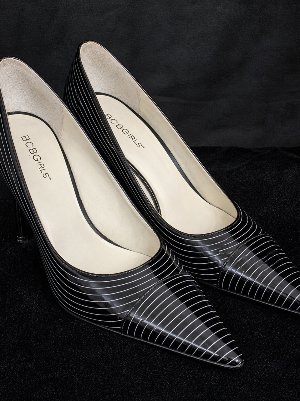 BCBGirls Black Striped Pointed Toe Pumps